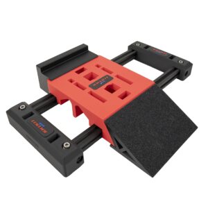 Adjustable tablet or smartphone holder with a red base and black grips.