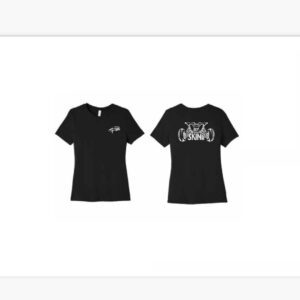 Black t-shirts with white logos on front and back.