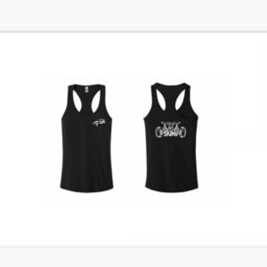 Black sleeveless tank top with white logo on front and artistic text design on back.