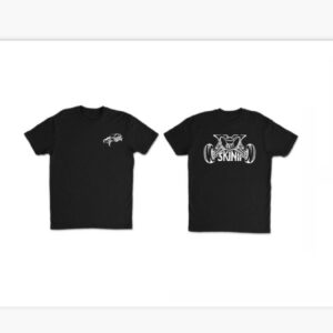 Black t-shirt with small logo on front and large graphic text on back.