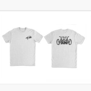 White T-shirt with black graphic text on front and back.