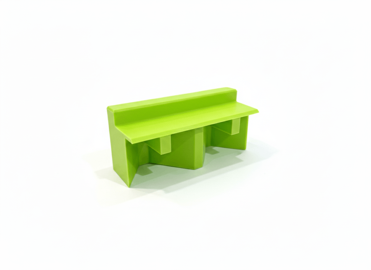 A bright green modern bench with a backrest and two open storage compartments underneath.
