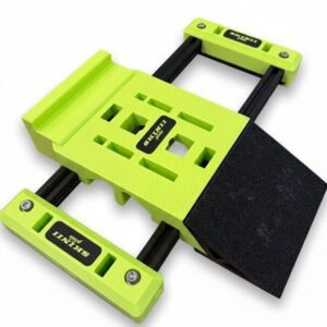 A bright green pocket hole jig tool for woodworking.