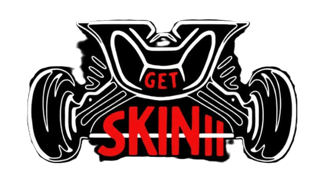 Logo with the words 'GET SKIN' in bold red and white on a black background.